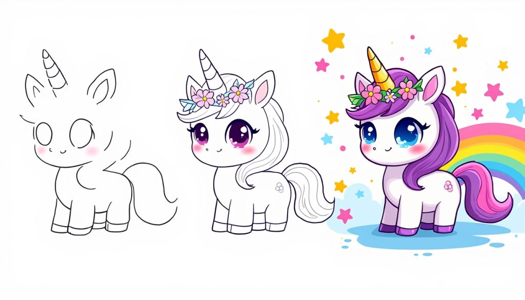 apprends à dessiner ta propre licorne kawaii en seulement 5 étapes simples et amusantes. idéal pour les débutants et les amateurs d'art, ce guide te mènera pas à pas vers la création d'un adorable dessin de licorne. laisse libre cours à ta créativité et embellis tes carnets de croquis !